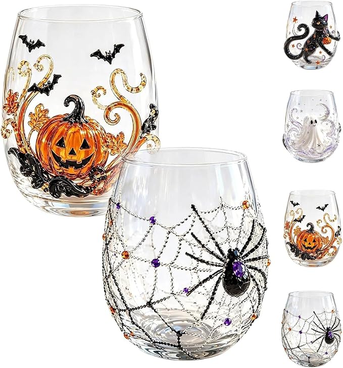Halloween Artisan Glassware Collection,Handmade Stemless Wine Glass,Gothic Style Artistic Glass Wine Goblet Home Decor Piece Featuring Spooky Pumpkin Design Halloween Party Home Decor Gift，2Pcs-CD by Unknown
