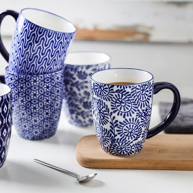 Selamica 16 oz Ceramic Coffee Mugs Set of 6, Ceramic Tea Cup with Handle, Dishwasher oven microwave safe, Vintage Blue - Image 5