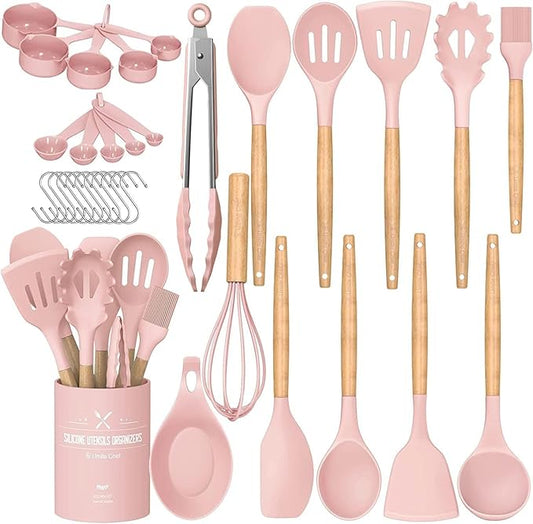 Umite Chef Silicone Kitchen Utensils Set, 33 Piece Non-Stick Kitchen Utensils with Stand, Wooden Handle, Pink by UmiteChef