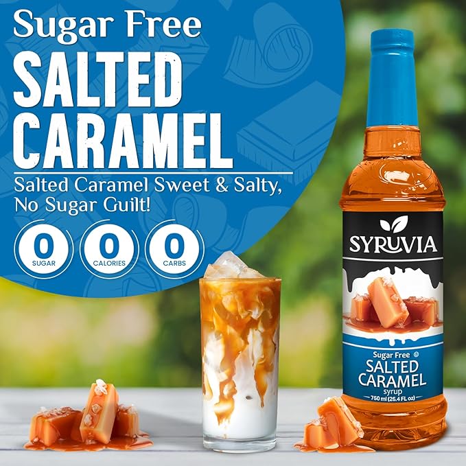 Syruvia Sugar Free Salted Caramel - 25.4 fl oz. Premium Coffee Flavoring Syrup. Perfect for Drinks, Sodas, Shakes, Desserts, and More (3-Pack)