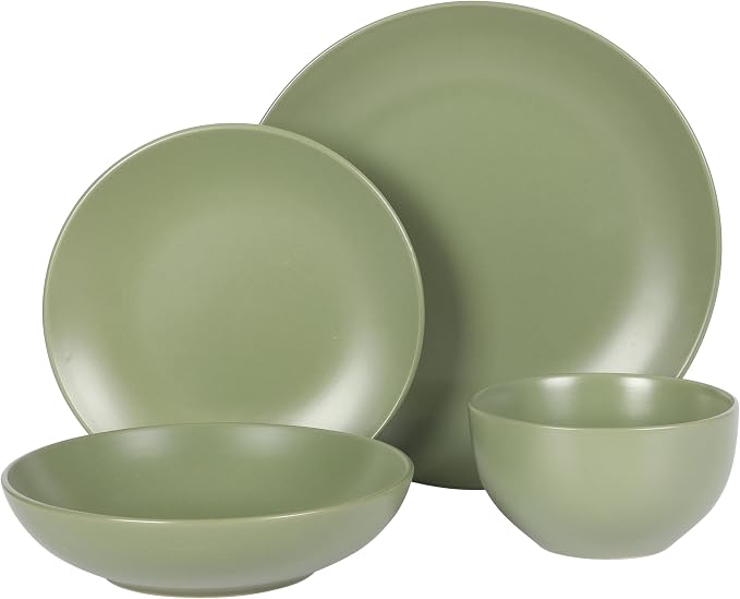 Gibson Home Queenslane 16-Piece Matte Green Stoneware Dinnerware Set – Double Bowl Plates and Bowls, Durable Kitchen Dinner Set - Image 7