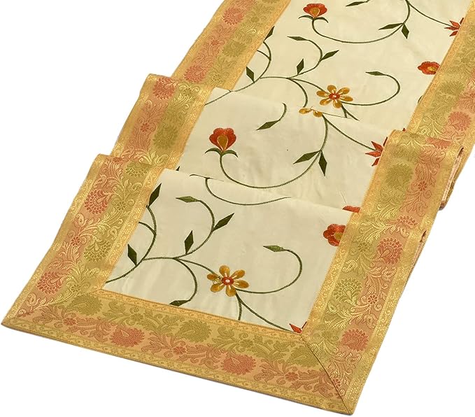Hand Embroidered Silk Table Runner, Cream Floral Vine Design Decorative Table Linen for Dining Table, Kitchen, Coffee Table, Console, Wedding Reception, Birthday & Home Décor, 60 x 16 Inches - Image 5