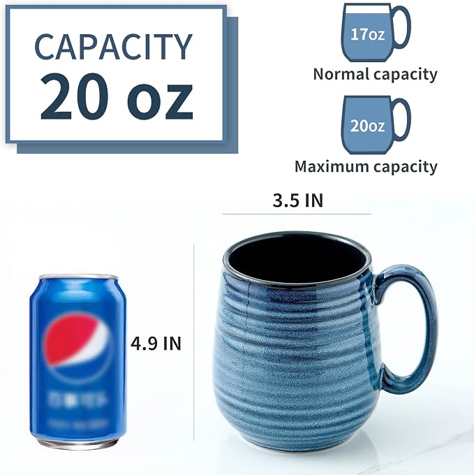 HASENSE Large Coffee Mugs Set of 2, Porcelain 20 oz Coffee Cups for Office and Home, Modern Coffee Mug with Big Handle for Latte Coffee Tea Soup as Friend Gifts, Dishwasher and Microwave Safe, (Blue) - Image 3