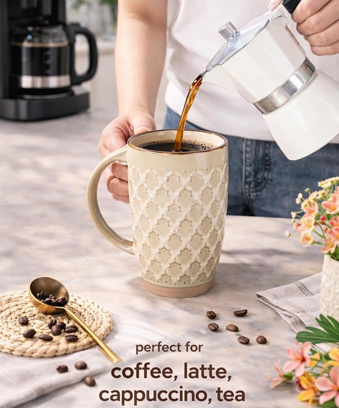 GBhome 20oz Large Coffee Mugs Set of 6, Handmade Tall Ceramic Coffee Mugs with Texture Patterns for Cappuccino, Latte,Hot Cocoa, Dishwasher & Microwave Safe-Pale Khaki - Image 4