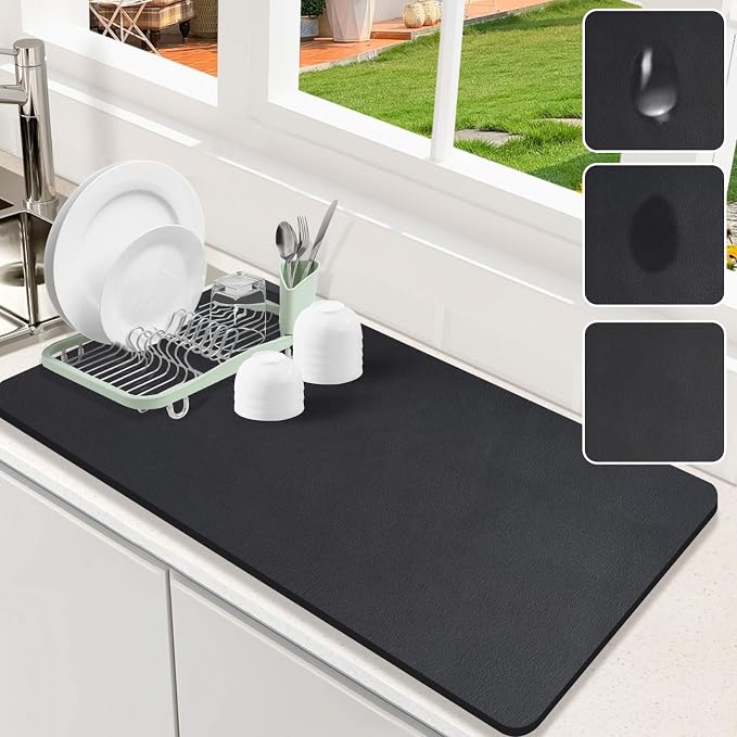 Dish Drying Mat for Kitchen Counter, 17x31.5 Pad with Rubber Backed (Black) | Hide Stain Anti Absorbent for Kitchen Counter, Non-slip Drying Mat for Coffee Machine Dish Rack by Etomiel