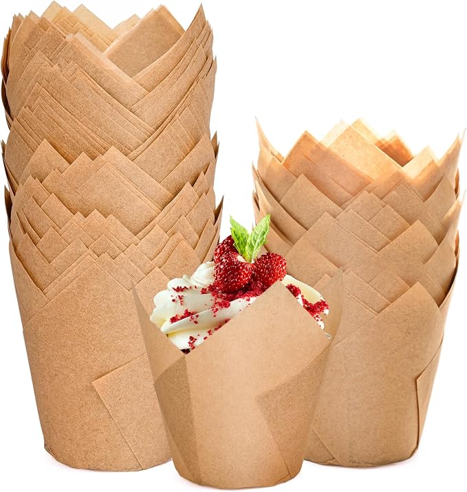 200pcs Natural Tulip Cupcake Liners, Premium Muffin Liners Holders for Baking Cups, Greaseproof Cupcake Wrappers in Standard Size, Classic Parchment Paper Cupcakes Liner by JIRNGLA by JIRNGLA
