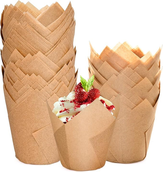 200pcs Natural Tulip Cupcake Liners, Premium Muffin Liners Holders for Baking Cups, Greaseproof Cupcake Wrappers in Standard Size, Classic Parchment Paper Cupcakes Liner by JIRNGLA by JIRNGLA