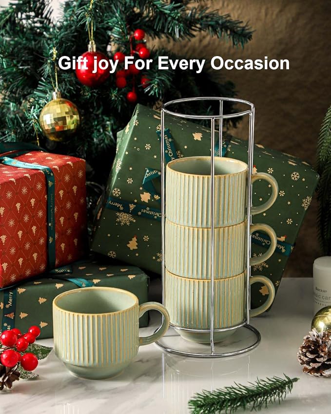 HASENSE Ceramic Coffee Mugs Set of 4 with Rack - 15 oz Stackable Large Porcelain Ribbed Latte Cup Set for Cappuccino, Tea, Hot Cocoa, Drinks - Dishwasher & Microwave Safe, Green Earth - Image 5