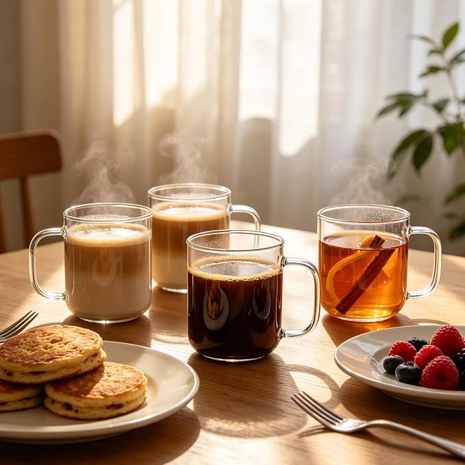Glass Coffee Mugs, 14 oz Ice Coffee Cups Set of 4, Large Clear Tea Cups, Glass Mugs with Handles for Hot Beverages, Glass Cups for Latte, Cappuccino, and Tea - Image 4