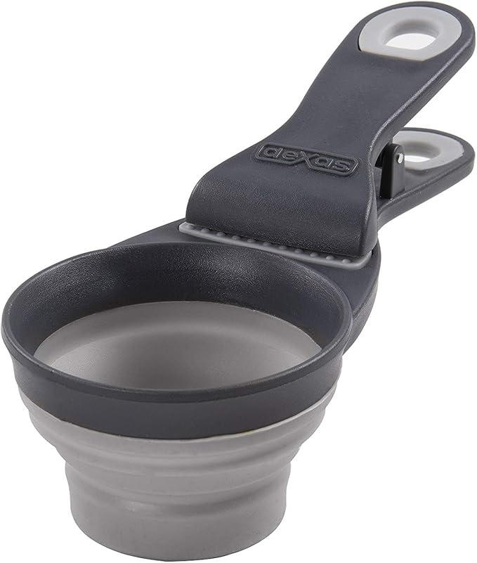 Dexas Pets Collapsible KlipScoop Collapsible Dry Dog Food Scoop and Dog Food Bag Clip, 1/2 Cup Capacity, Light Gray (PW650432429)