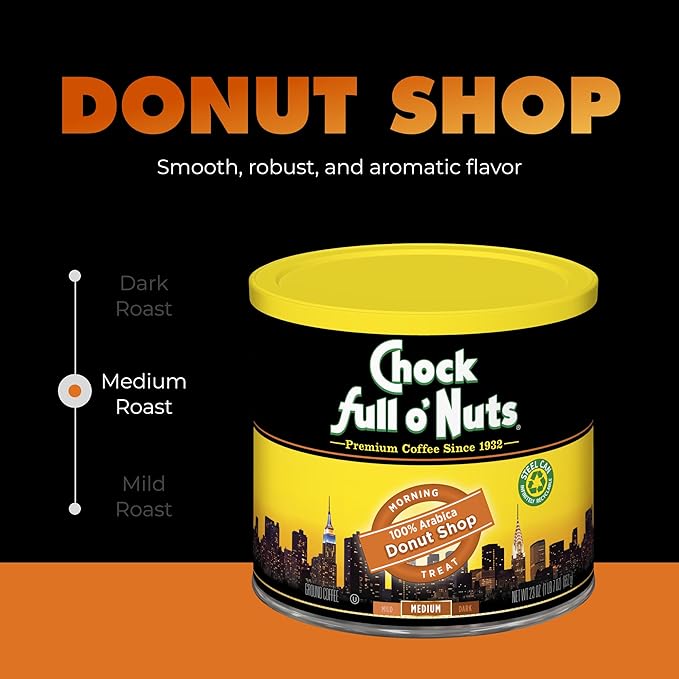 Chock Full o' Nuts Donut Shop Ground Coffee – Premium Beans in Recyclable Steel Can – Rich Flavor & Aroma, Medium Roast – Perfect for Drip, Pour-Over, Percolator – 23 Oz Can