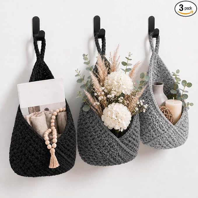 Honeydak Boho Decor Hanging Wall Baskets for Kitchen 3 Pack Teardrop Baskets with Hooks Storage Fruit Onion Vegetable Potato for Home(Light Grey, White, Dark Grey,Triangle,Cotton Rope) by Honeydak