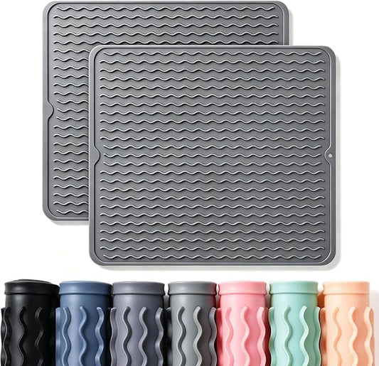 2 Pack Caketime Silicone Dish Drying Mat for Kitchen Counter Coffee Bar Accessories Heat Resistant Waterproof Dining Under Sink Organizers Dog food mat Must Haves Extra Large 18"x16" Gray by CAKETIME