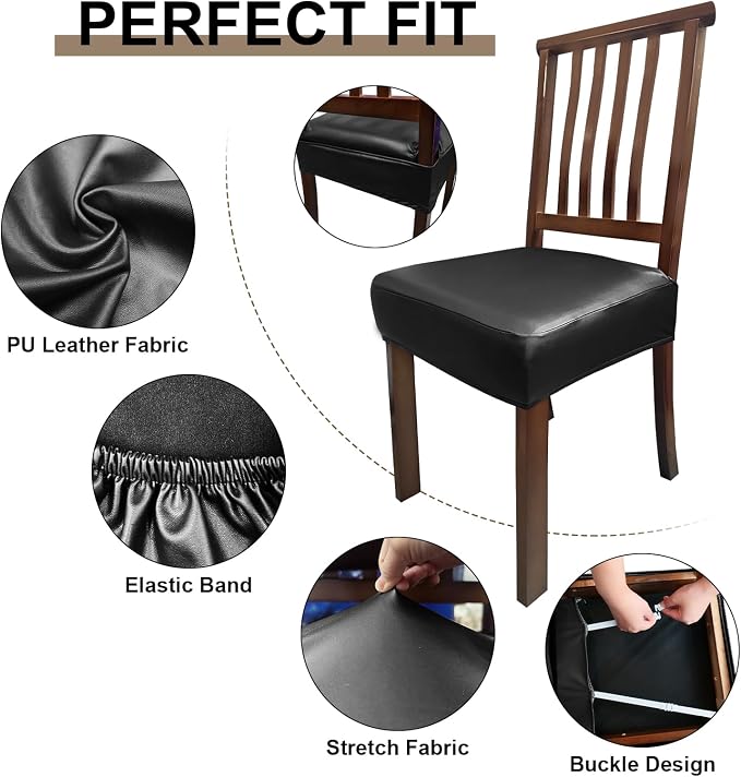 Waterproof Pu Leather Seat Covers for Dining Room Chairs Set of 6,Soft Chairs Seat Slipcovers,Dining Chair Cover Removable Washable Chair Protector Cover Stretch Kitchen Chair Covers - Image 5