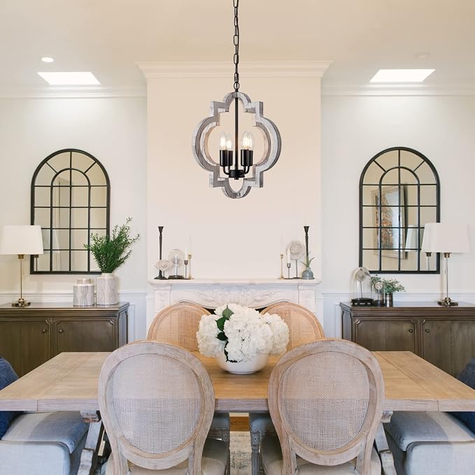 4-Light 15" Farmhouse Orb Chandelier Rustic Handmade Distressed White Wood Hanging Ceiling Pendant Light Fixture Wood Lantern Chandeliers for Dining Room Kitchen Bedroom Foyer Hallway - Image 5