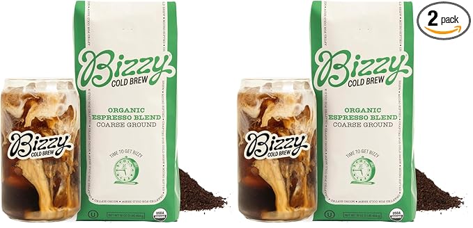 Bizzy Organic Cold Brew Coffee | Espresso Blend | Coarse Ground Coffee | Medium-Dark Roast | Micro Sifted | Specialty Grade | 100% Arabica | 1 LB (Pack of 2)