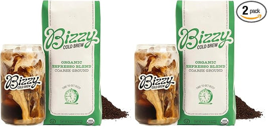 Bizzy Organic Cold Brew Coffee | Espresso Blend | Coarse Ground Coffee | Medium-Dark Roast | Micro Sifted | Specialty Grade | 100% Arabica | 1 LB (Pack of 2)