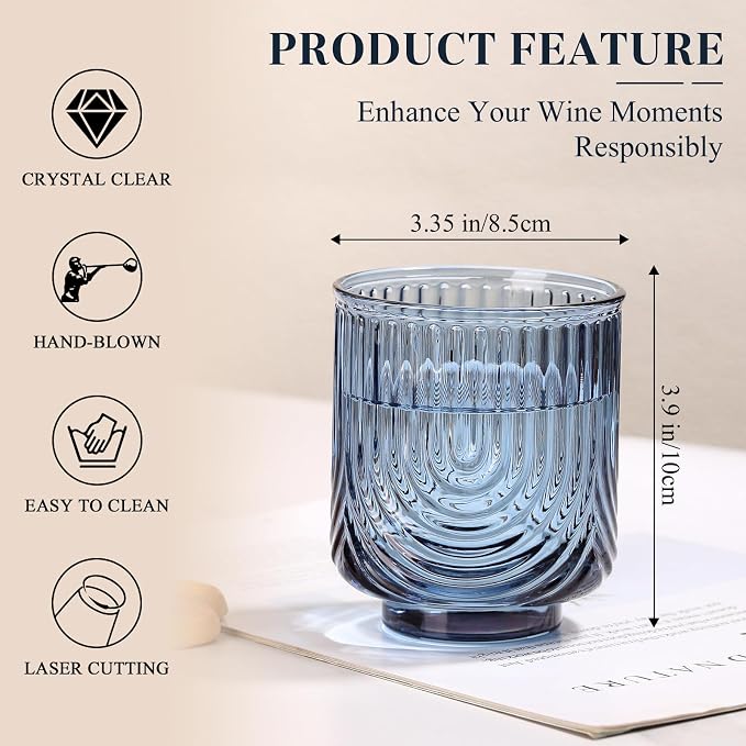 Blue Vintage Drinking Glasses Set of 6-15oz Hand-Blown Highball Ribbed Glassware, Arch Design Cocktail Glasses for Whiskey Water Beverages Ice Coffee Juice Milk - Image 3