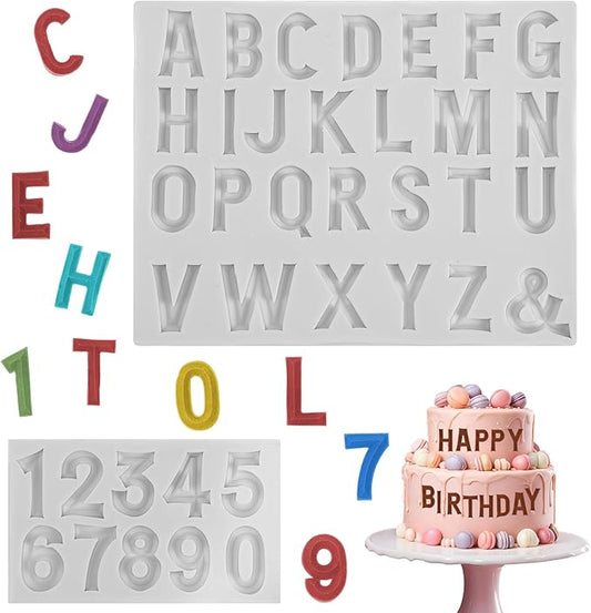 2PCS Silicone Letter Molds Number Molds for Chocolate 26 Capital Letters and 0-9 Numbers Birthday Party Anniversary Valentine's Day Cake Decoration Cupcake Candy Sugar Craft Mousse Cookie