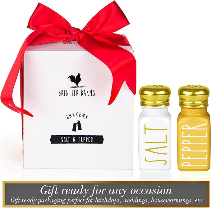 Farmhouse Gold Salt and Pepper Shakers Set by Brighter Barns - Glass Shakers & Stainless Steel Lid - Modern Farmhouse Decor for Restaurant, Airbnb, Wedding, Gifts - Luxury Kitchen Accessories (Gold) - Image 3