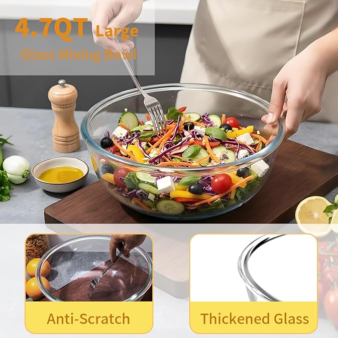 4.7Qt Large Glass Mixing Bowls, Clear Large Salad Bowls,Thick Glass Big Mixing Bowls Salad Bowls Cooking Bowl for Kitchen Prepping Baking Serving, Fruit,Candy, Dishwasher Safe, Borosilicate Glass
