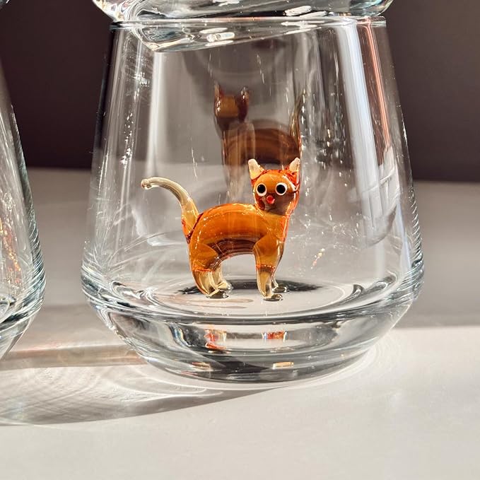 Cat Figurine Glass Cup 3D Animal Artisan Glassware Collection Handmade Cute Wine Cup Meow Garden Crystal Cat Tumbler Gothic Decorations Stemless Wineglass - Image 2