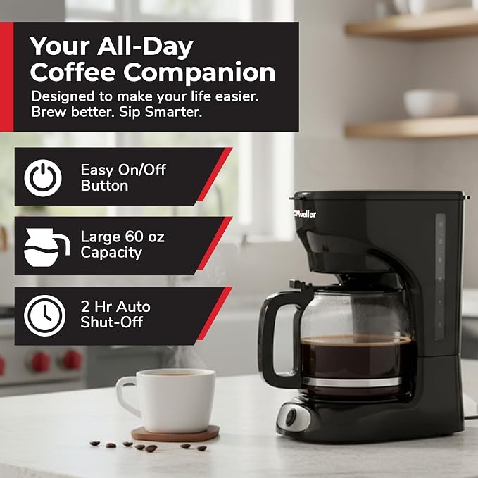 Mueller 12-Cup Drip Coffee Maker | Borosilicate Carafe, Auto-Off, Reusable Filter, Anti-Drip, Keep-Warm Function - Image 2