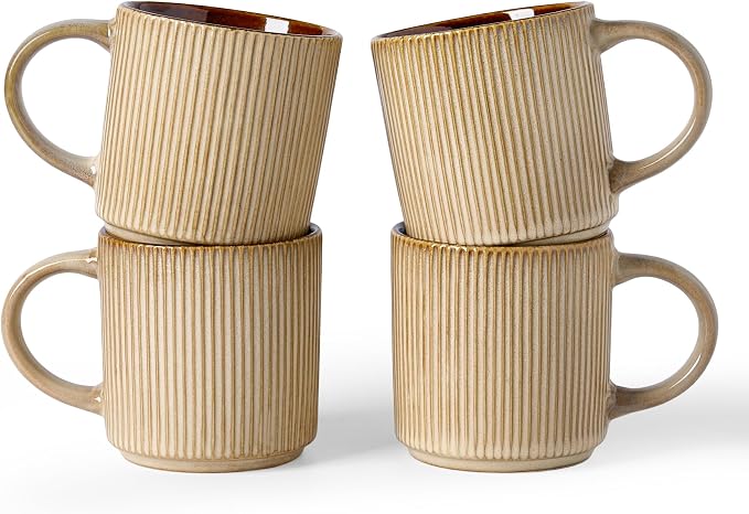 famiware Coffee Mug Set for 4, Star 12 oz Catering Mugs Cup Set with Handle for Coffee, Tea, Cocoa, Milk - Ceramic Stoneware Drinkware Set, Cream Cocoa by Famiware