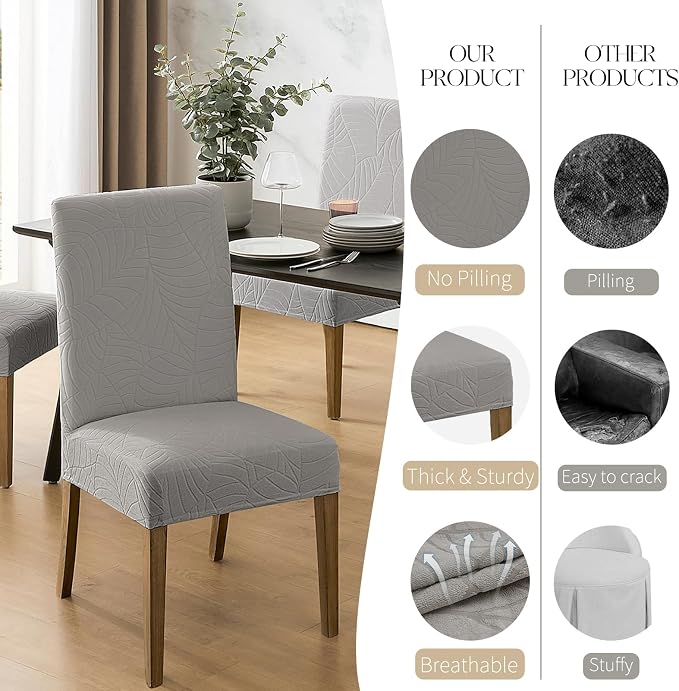 MOSAYT 100% Waterproof Dining Room Chair Covers Set of 4, Super Fit Stretch Jacquard Parson Chairs Slipcovers Removable Washable Chair Seat Protectors for Home, Kitchen, Banquet (Light Grey) - Image 4