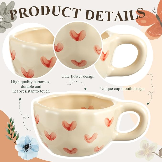 Vesici 2 Pcs Ceramic Coffee Mugs with Spoon, Vintage Floral Spring Mugs with Handle, 8.5 oz Aesthetic Flower Porcelain Tea Cup Set, Dishwasher & Microwave Safe Mothers Day Gifts for Mom(Heart,Rose) - Image 4