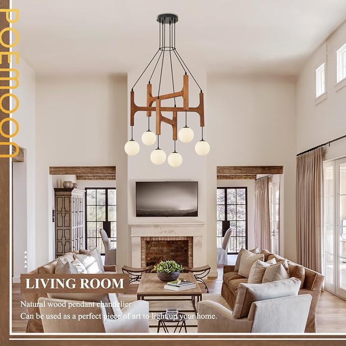 Farmhouse L28 '' Wooden Chandeliers with Milk Glass Globes Lampshades, Rustic Unique Mid Century Long 6-Light Pendant Chandelier for Living Dining Room Entryway Bedroom Kitchen,G9,Wood Stained Walnut - Image 5