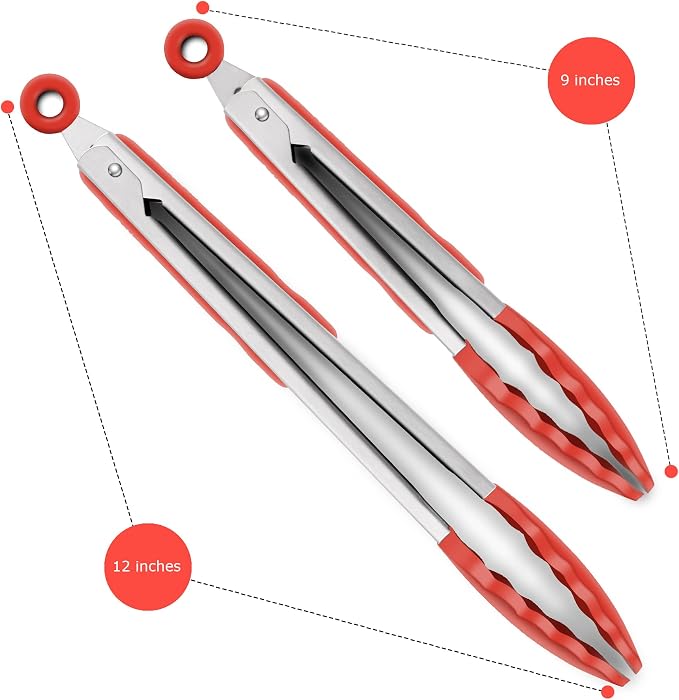 2 Pack Silicone Kitchen Tongs, 9 & 12 Inch, Stainless Steel, Red - Image 4