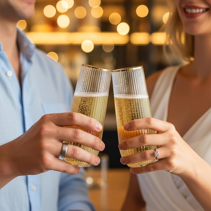 Goodluck 48pack 9oz Clear Stemless Plastic Champagne Flutes with Gold Rim | Ribbed Stemless Toasting Glasses，Champagne Flutes Plastic for Weddings, Bars, Events, Party And Celebrations - Image 5