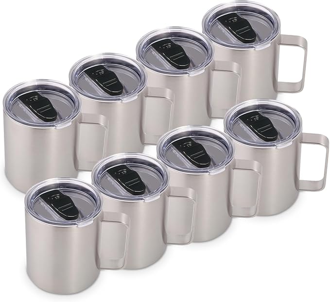 Volhoply 14oz Insulated Stainless Steel Coffee Mug with Lid Bulk 8 Pack,Double Wall Vacuum Travel Coffee Cup with Handle,Reusable Metal Cups Tumbler,Camping Mugs Keep Hot,Ideal Gifts(Silver,8) by LiveFully%EF%BC%8CDrinkFreely%E2%80%94KeepGoingwithVolhoply%EF%BC%81