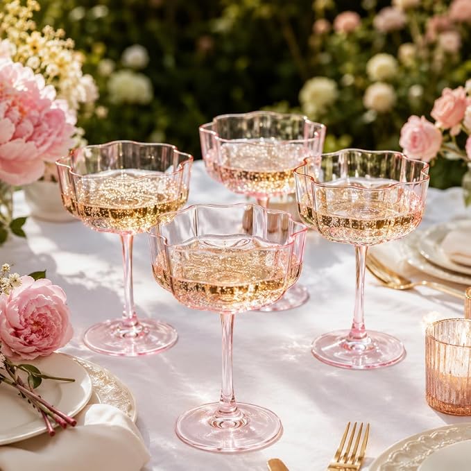 Flower Scalloped Vintage Wavy Petals Wave Glass Coupes 7oz Colorful Martini, Champagne & Cocktails, 4 Set Pink Rippled Champagne Glasses, Elegant Bar Glassware, Unique Aesthetic Coupe Glassware Gifts - Image 10