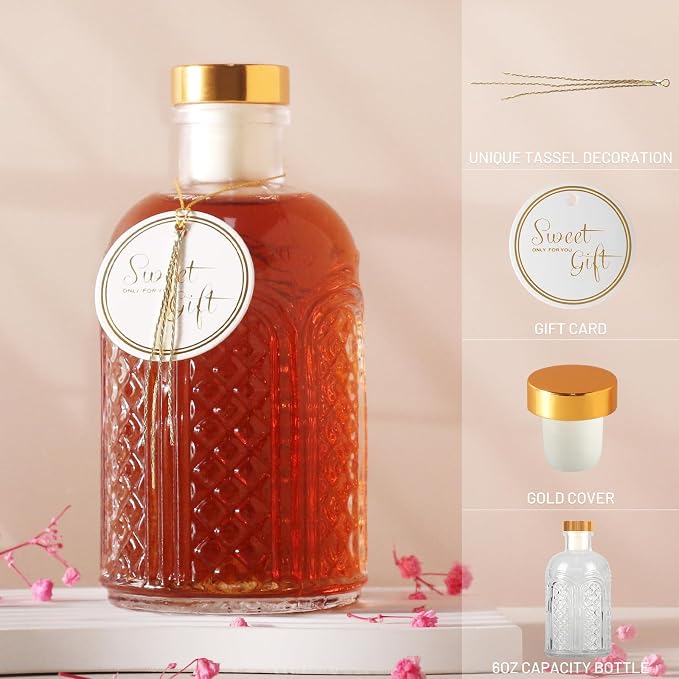 Clear Glass Bottles - 7 oz Pack of 6 Heavy Base Glass Bottles with Gift Labels and Decorations for Oil Vinegar Kombucha Wine Drinks Beer Water Soda with Gold Airtight Lid 7oz - Image 4