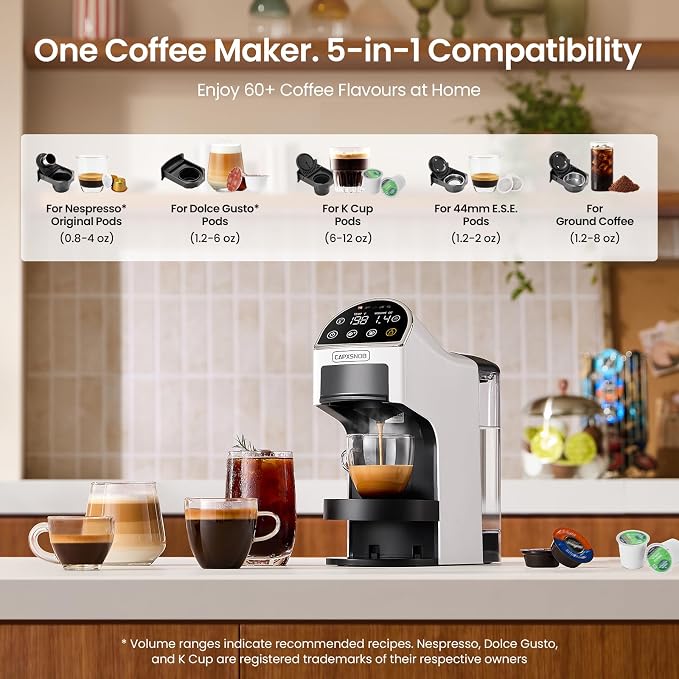 Magician2 5-in-1 Mini Coffee Maker & Machine | 20 Bar, LED Touch, 42oz Tank | Fits K Cup/Nespresso/Dolce Gusto & ESE Pods, Touchscreen & Pods Recognition, Adjustable Temp/Volume, For Kitchen/Office/Dorm - Image 2
