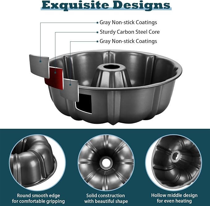 P&P CHEF 10 Inch Gray Non-stick Cake Pan, Carbon Steel, 2 Pieces | Fluted Tube Round Baking Pan for Pound Cake, 10-Cup Large Capacity Bakeware, Healthy & Heavy Duty - Image 3