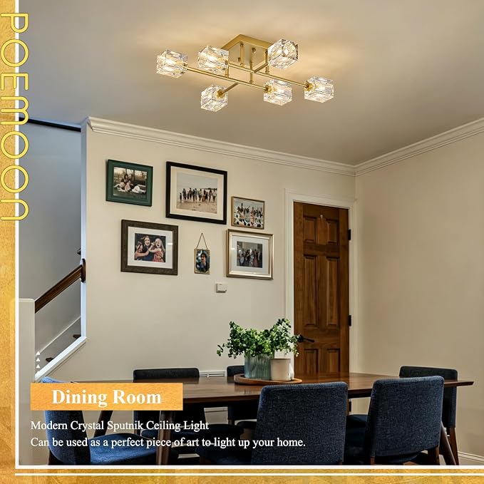 24" Gold 6-Light Luxury Semi Flush Mount Ceiling Light Modern K9 Crystal Kitchen Island Sputnik Chandelier for Dining Room Entryway Bedroom Living Room - Image 7