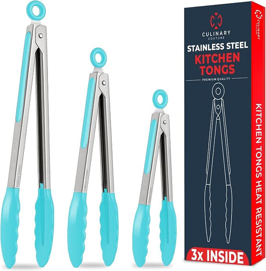 Kitchen Tongs - 12, 9 & 7 Inch Locking Silicone Tongs for Cooking, Set of 3 | Aqua Tongs with Silicone Tips, Heat Resistant Tongs for Grilling, Serving, Mixing by CulinaryCouture
