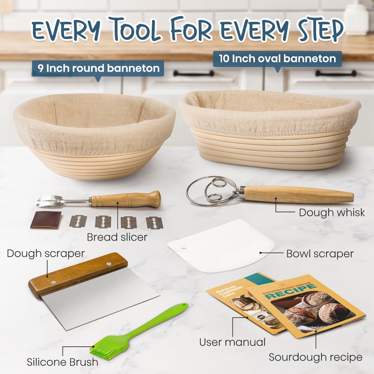 Complete Sourdough Bread Baking Kit with Banneton Basket & Starter Jar