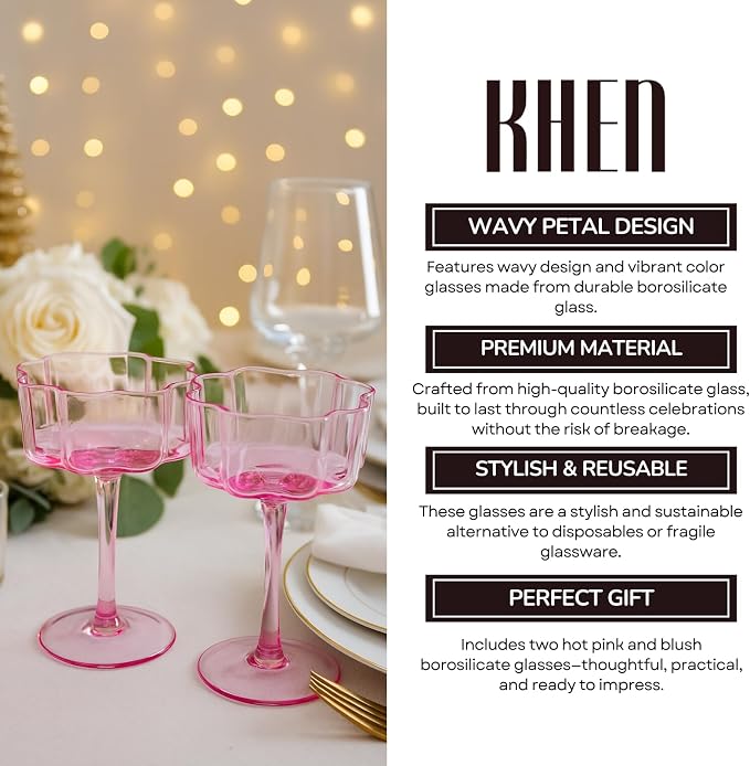 Flower Scalloped Vintage Wavy Petals Wave Glass Coupes 7oz Colorful Martini, Champagne & Cocktails, 2 Pink & Blush Set Amber Rippled Champagne Glasses, Elegant Bar Glassware, Aesthetic Coupe Glassware - Image 5