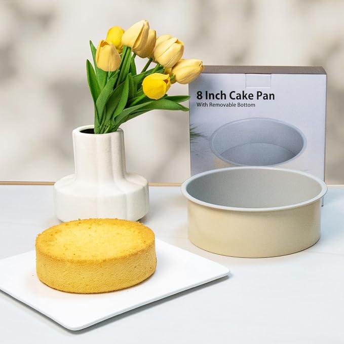 8 inch Cake Pan Removable Bottom Carbon Steel with Nonstick Coating Chiffon Cake Tin Round Shaped Cheese Cake Mould for Baking - Cream Color - Image 2