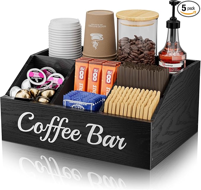 Coffee Station Organizer for Countertop – Wooden Coffee Bar Organizer with Adjustable Dividers,Holds K Cup Pod & syrup bottles, for Kitchen, Office, or Bar and Tea Station, Black by Unknown