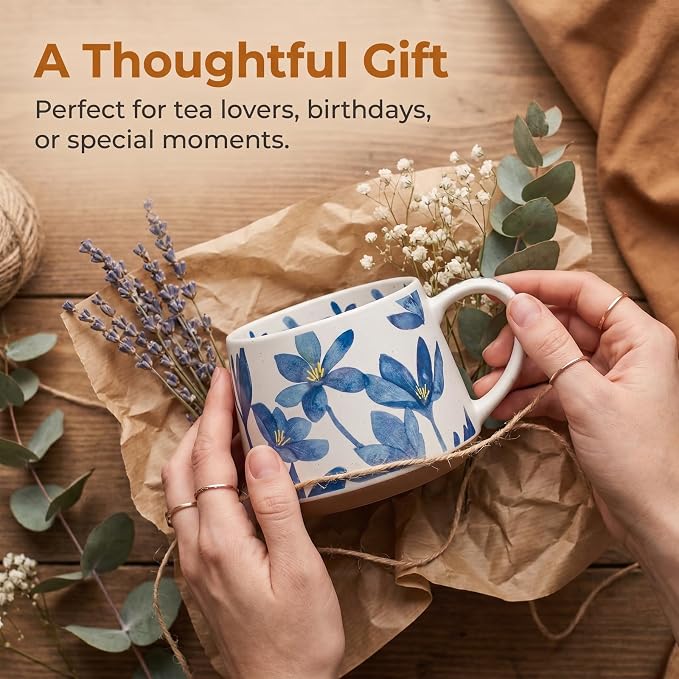 Ceramic Coffee Mug, 13oz Floral Design Pottery cute mugs, Ideal Gift for Women unique vintage pretty coffee mugs (Blue Bulky Flower Mug) - Image 7
