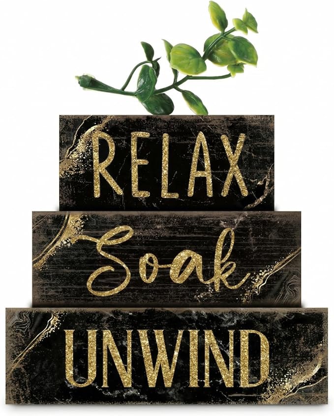 Moucuny 4 Pcs Black and Gold Bathroom Shelf Decor Sign Farmhouse Bathroom Decor and Accessories Rustic Eucalyptus Leaves Block Sign Gift Relax Soak Unwind Farmhouse Table Centerpiece for Home Toilet - Image 8