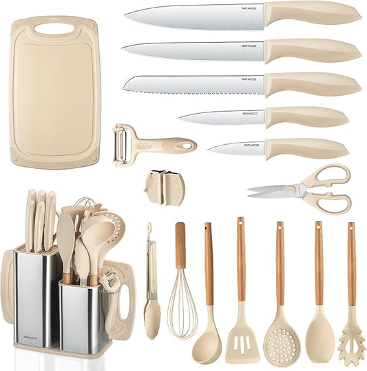 RAXCO Cooking Utensils Set,18-Piece Kitchen Utensils and Knife Set,Khiki | Food-grade Silicone Utensils Heat-resistant to 410°F,5-Piece Stainless Steel Kitchen Knife with Sharpener and Cutting Board by RAXCO