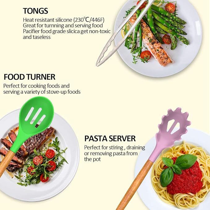 Umite Chef Kitchen Cooking Utensils Set, 33 pcs Non-stick Silicone Cooking Kitchen Utensils Spatula Set with Holder, Wooden Handle Silicone Kitchen Gadgets Utensil Set (Colorful) - Image 3