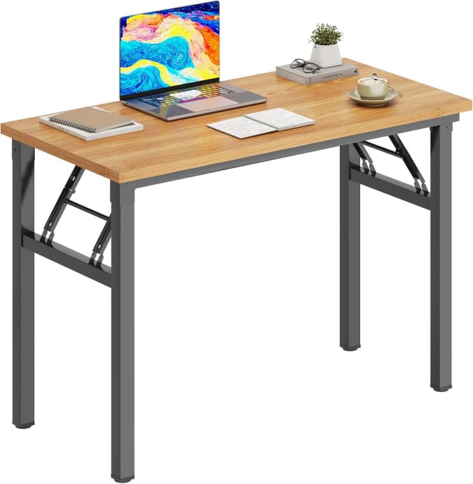 DlandHome 31.5 Inch Small Folding Computer Desk for Home Office, Teak Black | Foldable Writing Table for Small Spaces Bedroom, No Assembly Required, Wood Top Metal Frame, Collapsible Compact Easy Storage by DlandHome