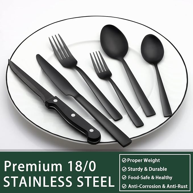 EWFEN 24-Piece Black Silverware Set with Steak Knives, Black Flatware Set for 4, Food-Grade Stainless Steel Tableware Cutlery Set, Mirror Finished Utensil Sets for Home Restaurant, Square Edge - Image 5